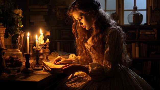 Photo a girl reads a book by candlelight