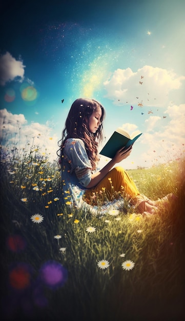 A girl reads a book in a field of flowers.