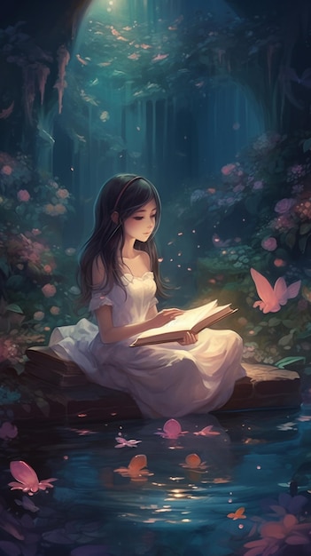 A girl reads a book in a forest