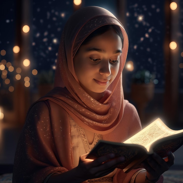 A girl reads a book in front of a night sky with lights in the background.