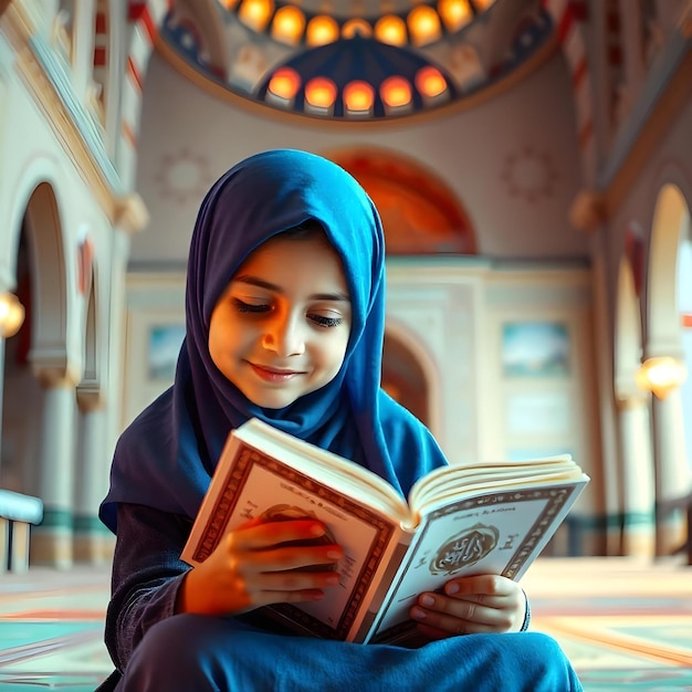 a girl reads a book in a room with a clock in the background