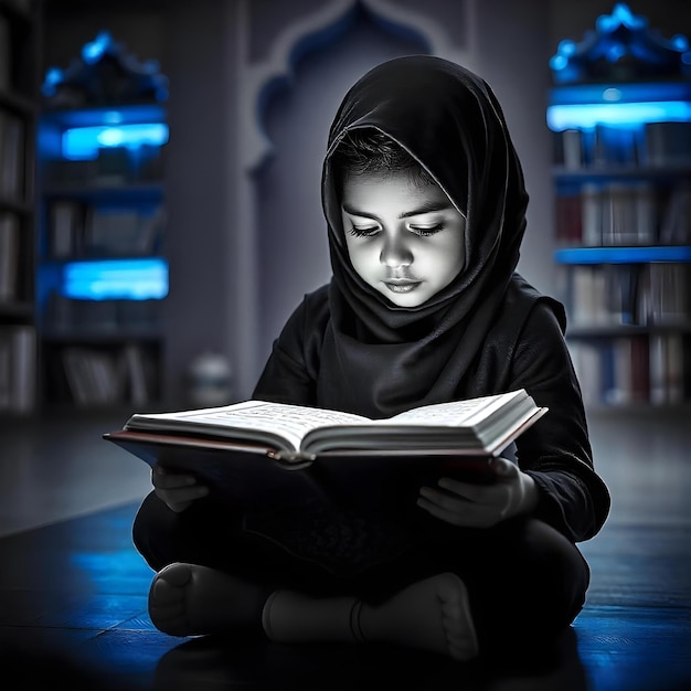 Photo a girl reads a book on a table in a room with a blue light