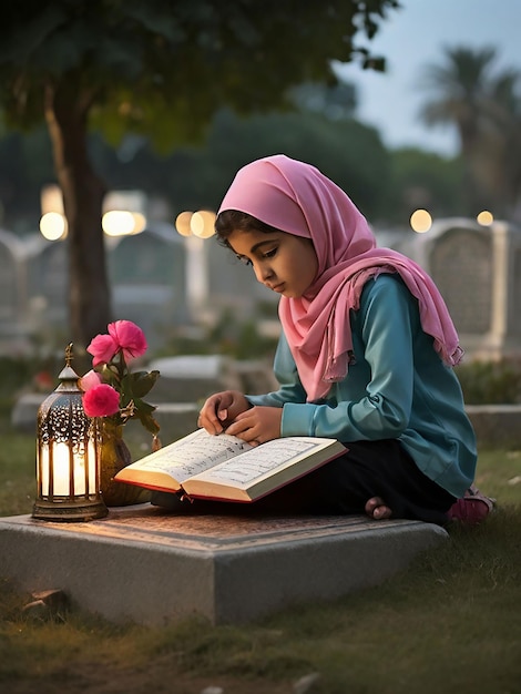 A girl recites the Quran in front of her mothers grave