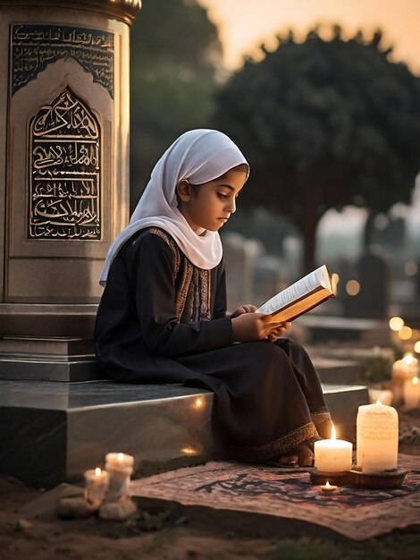 A girl recites the Quran in front of her mothers grave