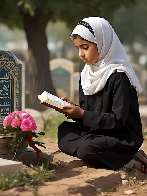 A girl recites the Quran in front of her mothers grave