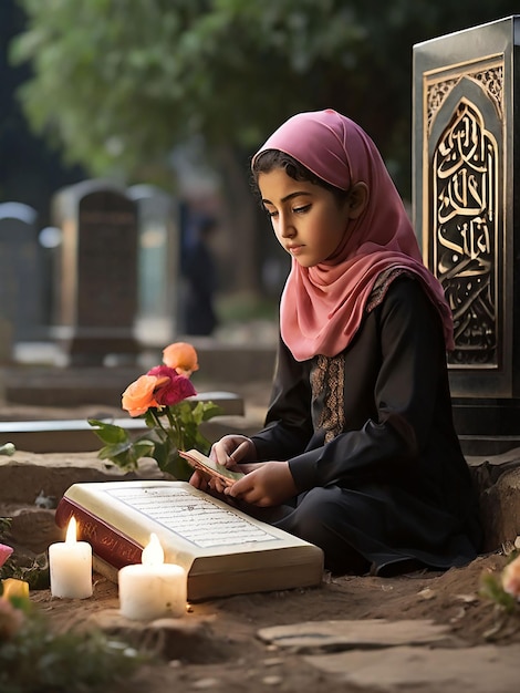 A girl recites the Quran in front of her mothers grave