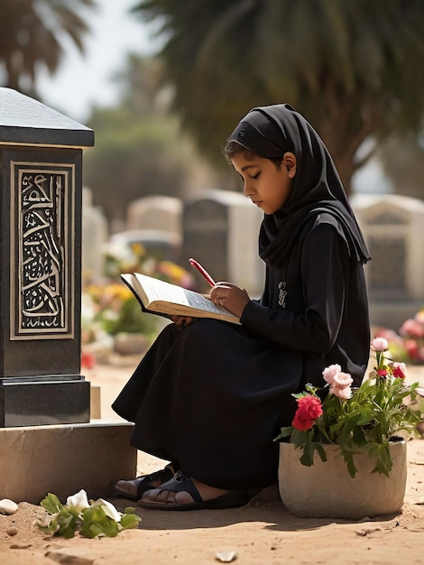 A girl recites the Quran in front of her mothers grave