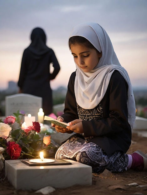 A girl recites the Quran in front of her mothers grave