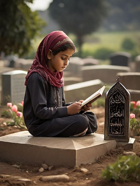 A girl recites the Quran in front of her mothers grave