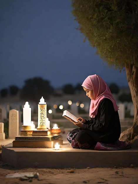 A girl recites the Quran in front of her mothers grave