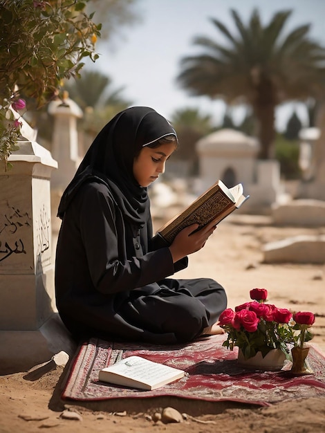 A girl recites the Quran in front of her mothers grave