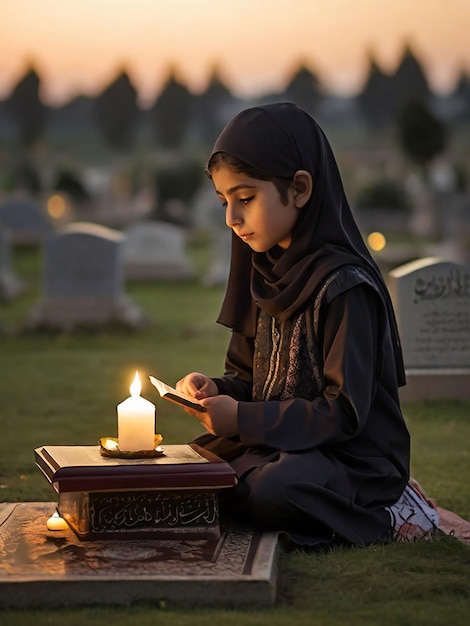 A girl recites the Quran in front of her mothers grave