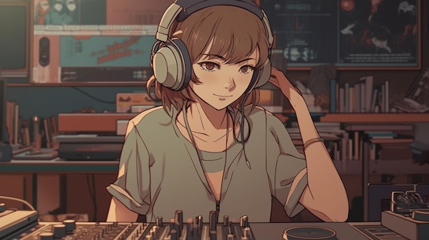 A girl in a recording studio with a headset and a phone in her hand.