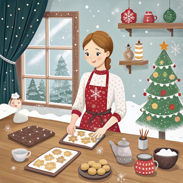 Photo a girl in a red apron is cooking cookies