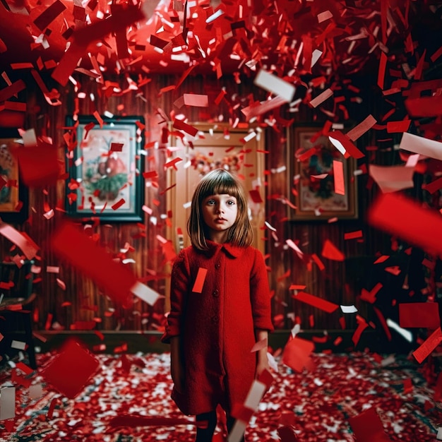 A girl in a red coat stands in a room full of red confetti