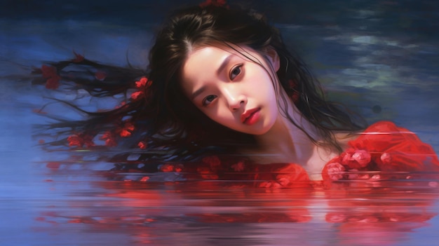 A girl in a red dress floating in water