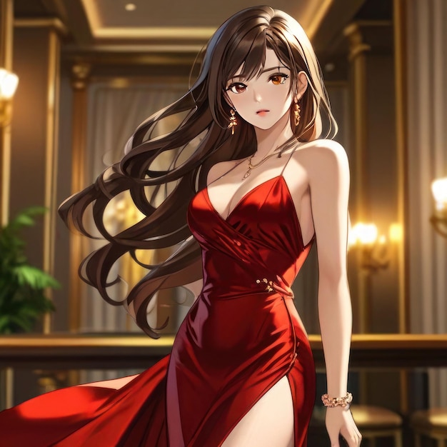 a girl in a red dress is on a stage