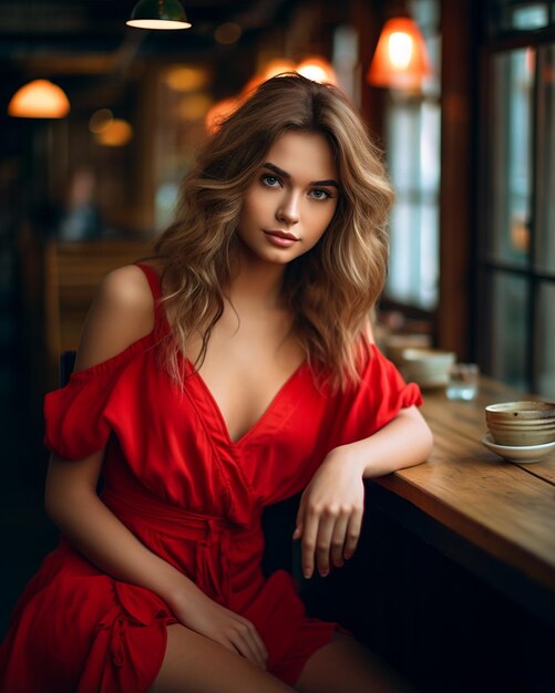 Girl in Red Dress Sitting at Wooden