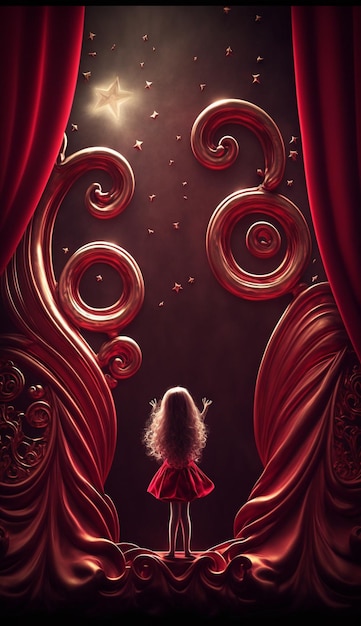 A girl in a red dress stands in front of a red curtain with a moon and stars on it.