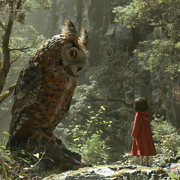 a girl in a red dress stands on a rock with an owl on it