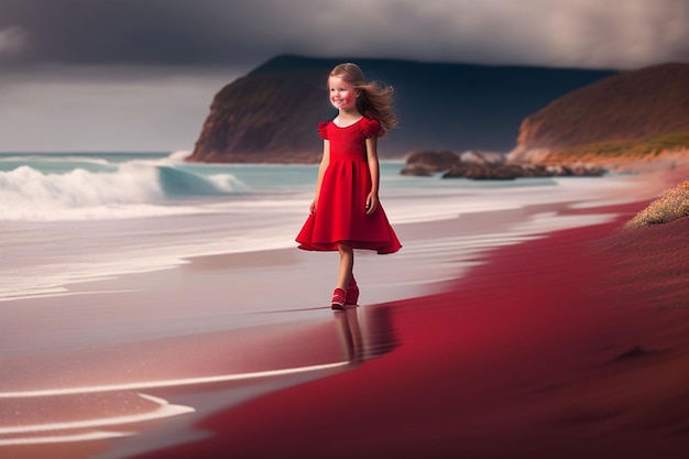 A girl in a red dress walks on a beach.