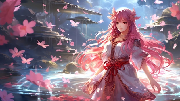 A girl in a red dress walks in a pond anime illustration