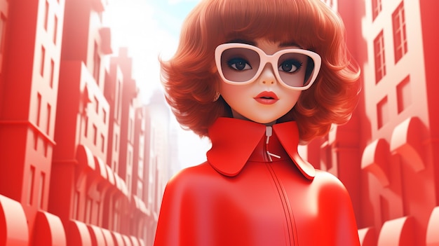 a girl in a red dress with sunglasses