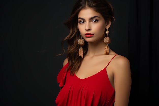 A Girl in a Red Dress with Tassel Earrings Posing Against