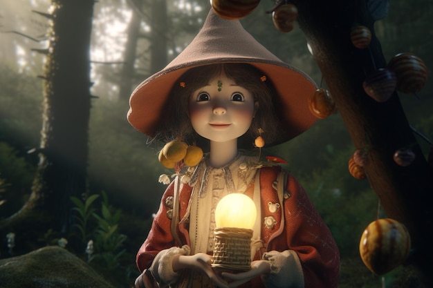 A girl in a red hat holds a lantern in a forest.