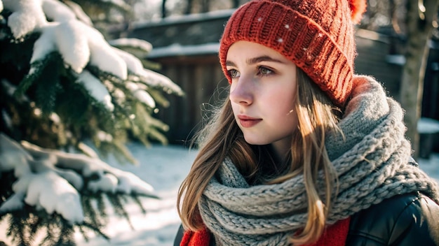 Photo a girl in a red hat is standing in front of a snow covered tree