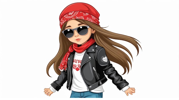 a girl in a red hat is wearing a white t shirt and sunglasses