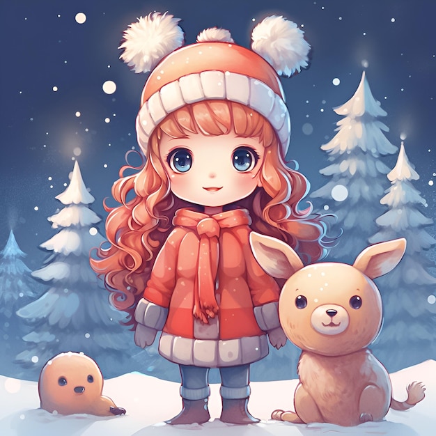 A girl in a red hat and a rabbit in the snow