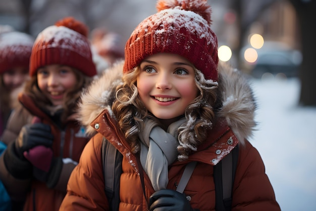 Girl in red hat smiles under snowy Christmas eve twilight