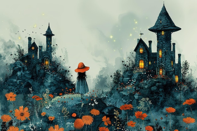 Photo a girl in a red hat stands in front of a castle