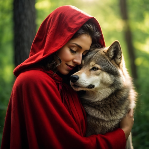 A girl in a red hoodie with her pet wolf