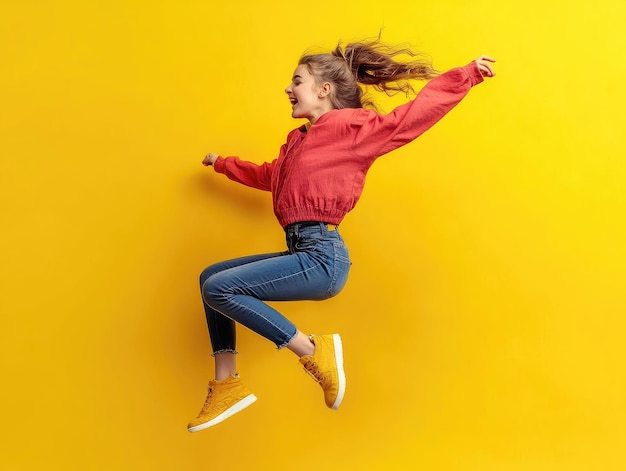 a girl in a red jacket is jumping in the air with a red jacket on