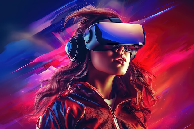 A girl in red jacket using VR headsets in the style of scifi art outrun realistic usage of light