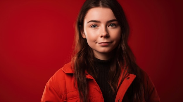 A girl in a red jacket with the word love on it