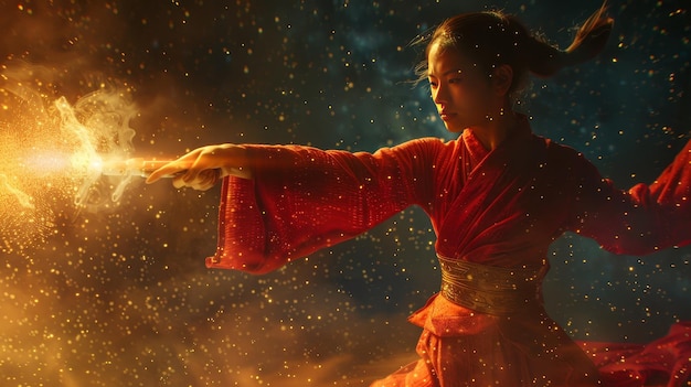 a girl in a red kimono is dancing with a torch