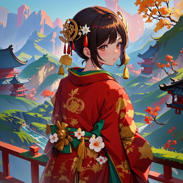 A girl in a red kimono is standing in front of a mountain.