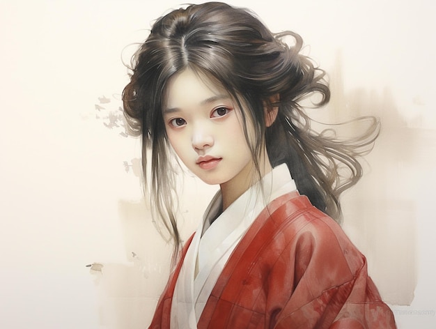 A girl in a red kimono with the word han on the front.