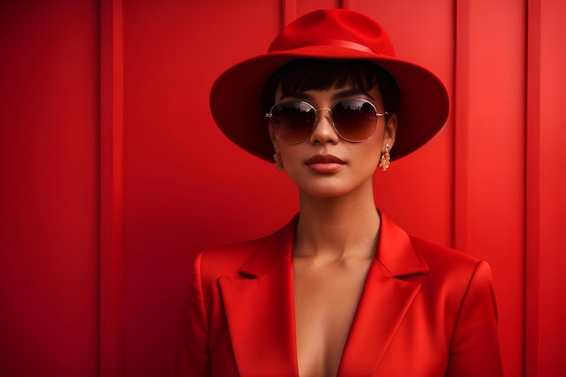 A girl in red on a red background