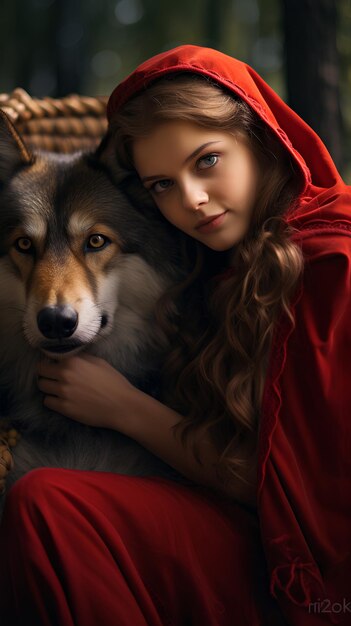 a girl in a red robe is hugging a wolf