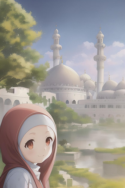 A girl in a red scarf stands in front of a mosque.