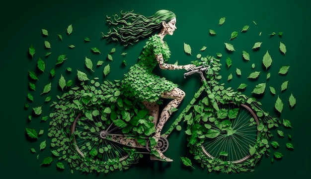 A girl rides a bicycle made of green leaves the concept of ecology and the environment on a green background Generative Ai