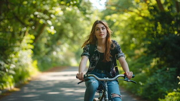 Photo a girl rides a bike with a backpack on the back