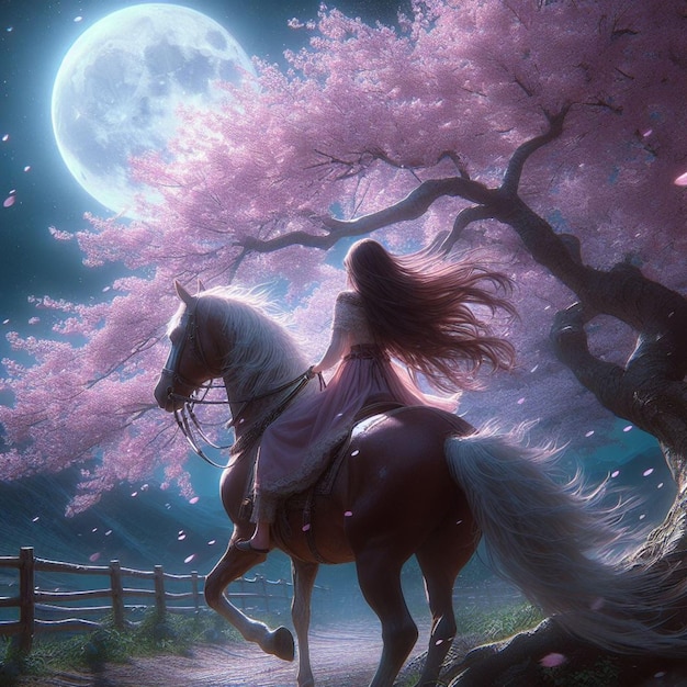 A girl rides a horse under a cherry blossom tree on a moonlit night The girls long brown hair