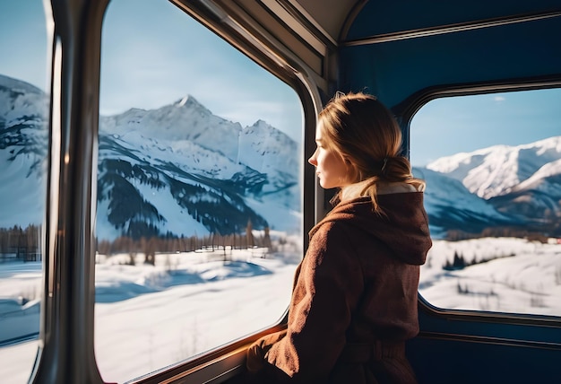 A girl rides a train and looks out the window there are snowy mountains outside the window