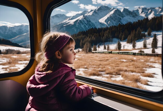 A girl rides a train and looks out the window there are snowy mountains outside the window