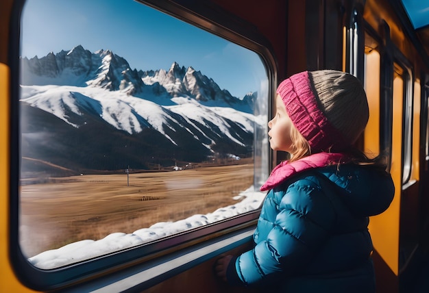 A girl rides a train and looks out the window there are snowy mountains outside the window